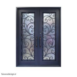 درب فلزی، درب حیاطی، درب حیاط، درب نفر رو، درب فرفوژه فلزی، درب فرفوژه فلزی لوکس دو لنگه و شیشه خور کد 504
