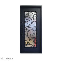 درب فلزی، درب حیاطی، درب حیاط، درب نفر رو، درب فرفوژه فلزی، درب فلزی فرفوژه لوکس تک لنگه و شیشه خور کد 502