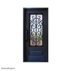 درب فلزی، درب حیاطی، درب حیاط، درب نفر رو، درب فرفوژه فلزی، درب فرفوژه فلزی لوکس تک لنگه و شیشه خور کد 503