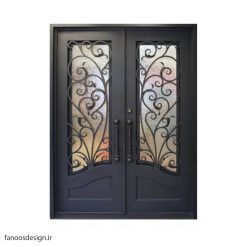 درب فلزی، درب حیاطی، درب حیاط، درب نفر رو، درب فرفوژه فلزی، درب فلزی فرفوژه لوکس دو لنگه و شیشه خور کد 505