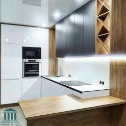 کابینت هایگلاس سفید و طرح چوب کد 0162 6 کابینت آشپزخانه ترکیبی ام دی اف وهایگلاس کد 0162