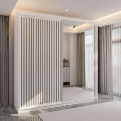 کمد لباس کشویی دو درب سفید آینه دار سایز 203*217*43 کد 9073