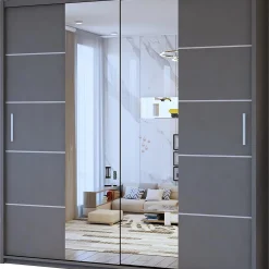 کمد لباس ریلی مدرن رنگ پلی اورتان خاکستری دو درب آینه دار سایز 217*213*62 کد 9026