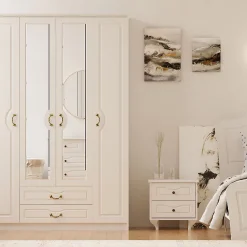 کمد لباس 4 درب و دو کشو سفید سایز 210*140*52 کد 8990 4 کمد لباس 4 درب و دو کشو سفید سایز 210*142*52 کد 8990