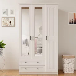 کمد لباس سفید 3 درب و دو کشو با آینه سایز 105*184*53