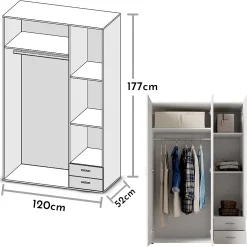کمد لباس با 3 درب لولایی و دو کشو سفید سایز 176*121*52 کد 9023