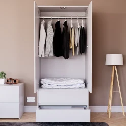 کمد لباس دو درب 3 کشو سفید با دستگیره مخفی سایز 170*76*47 