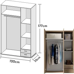 کمد لباس 3 درب و دو کشو رنگ قهوه ای سایز 121*176*51