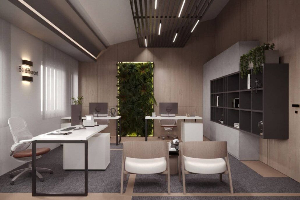 Flowers and plants in the Scandinavian decoration of the working group room