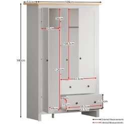 کمد لباس 3 درب 2 کشوی رنگ سفید سایز 180*109*52 کد 1159