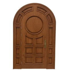 درب چوبی قوس‌دار کلاسیک با طرح دایره مرکزی – مدل مجلل فانوس دیزاین