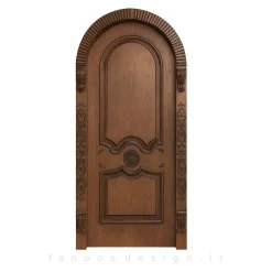 درب چوبی کلاسیک قوس‌دار با منبت گل رز – مدل لاکچری فانوس دیزاین