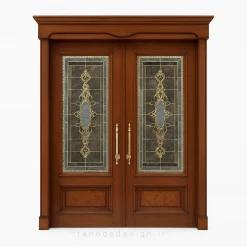 درب چوبی کلاسیک دو لنگه با شیشه دکوراتیو طلایی – مدل مجلل فانوس دیزاین