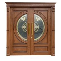 درب چوبی کلاسیک دو لنگه با شیشه دکوراتیو گرد و دستگیره طلایی – مدل خاص فانوس دیزاین