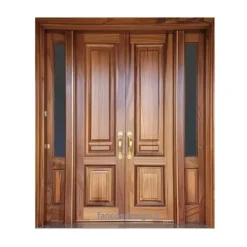 درب ورودی دو لنگه چوبی مدل کلاسیک با پنل شیشه‌ای
