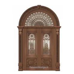 درب ورودی دو لنگه لوکس مدل کلاسیک با پنجره قوسی و نقش‌برجسته برنزی کد 30367