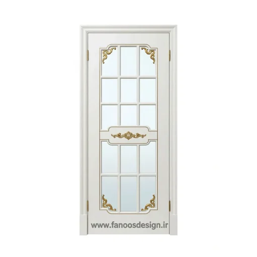 درب سفید کلاسیک شیشه‌کاری تزئینی و نقش طلایی لوکس کد 30314