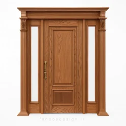 درب چوبی کلاسیک با ستون و شیشه کناری – طراحی لوکس و مجلل فانوس دیزاین