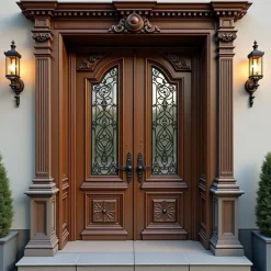 درب ورودی دو لنگه چوبی کلاسیک با تزئینات منبت و شیشهکاری فرفورژه کد 30376 3 درب ورودی دو لنگه چوبی کلاسیک با تزئینات منبت و شیشهکاری فرفورژه