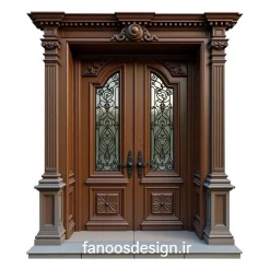 درب ورودی دو لنگه چوبی کلاسیک با تزئینات منبت و شیشه‌کاری فرفورژه