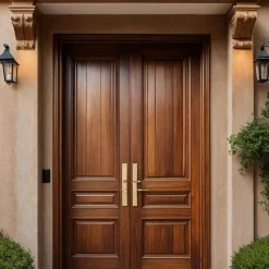 درب ورودی دو لنگه چوبی کلاسیک با دسته برنجی و قاب تزئینی کد 30368 3 درب ورودی دو لنگه چوبی کلاسیک با دسته برنجی