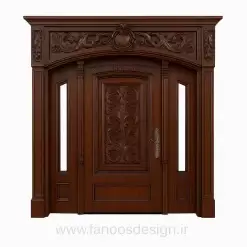 درب ورودی چوبی کلاسیک منبت‌کاری‌شده فندقی تیره با تاج برجسته