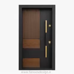 درب ضد سرقت مدرن ترکیب چوب و فلز با دستگیره طلایی