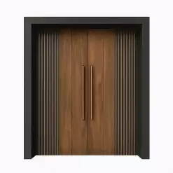 درب ورودی مدرن دو لنگه با فریم مشکی و رویه چوب طبیعی