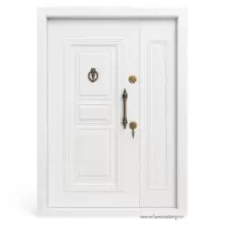 درب ضد سرقت رویه فلز یک و نیم لنگه — سفید کلاسیک با یراق برنجی کد 30189