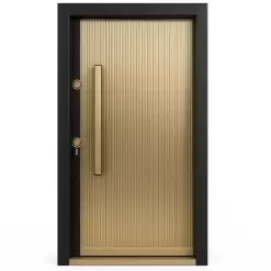راهنمای کامل انتخاب و خرید درب ضد سرقت استیل 3 خرید درب ضد سرقت استیل طلایی ساده خطدار | قاب مشکی مدرن — FanoosDesign