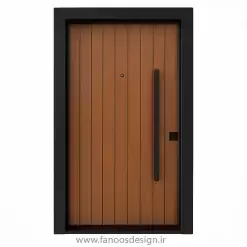 درب ضد سرقت چوبی شیار‌دار عمودی با فریم فلزی مشکی مدل مدرن فانوس دیزاین کد 30203