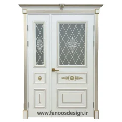 درب دکوراتیو دو لنگه سفید طلایی با شیشه مشبک و نقش گل کلاسیک کد 30313