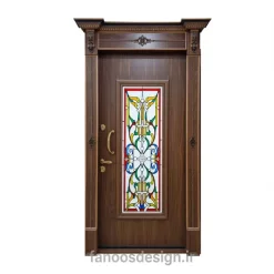 درب ضد سرقت چوبی شیشه رنگی مدل کلاسیک تاج‌دار