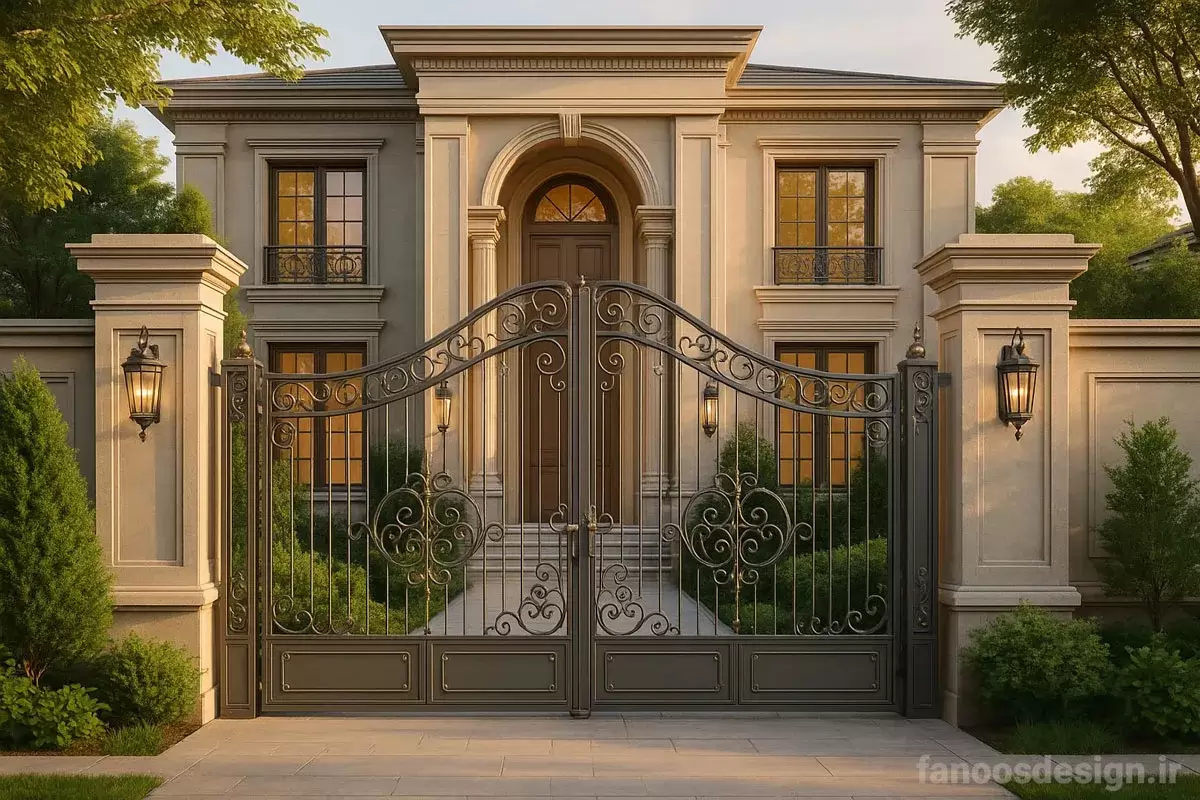 هماهنگی درب حیاط فلزی کلاسیک با نمای ساختمان