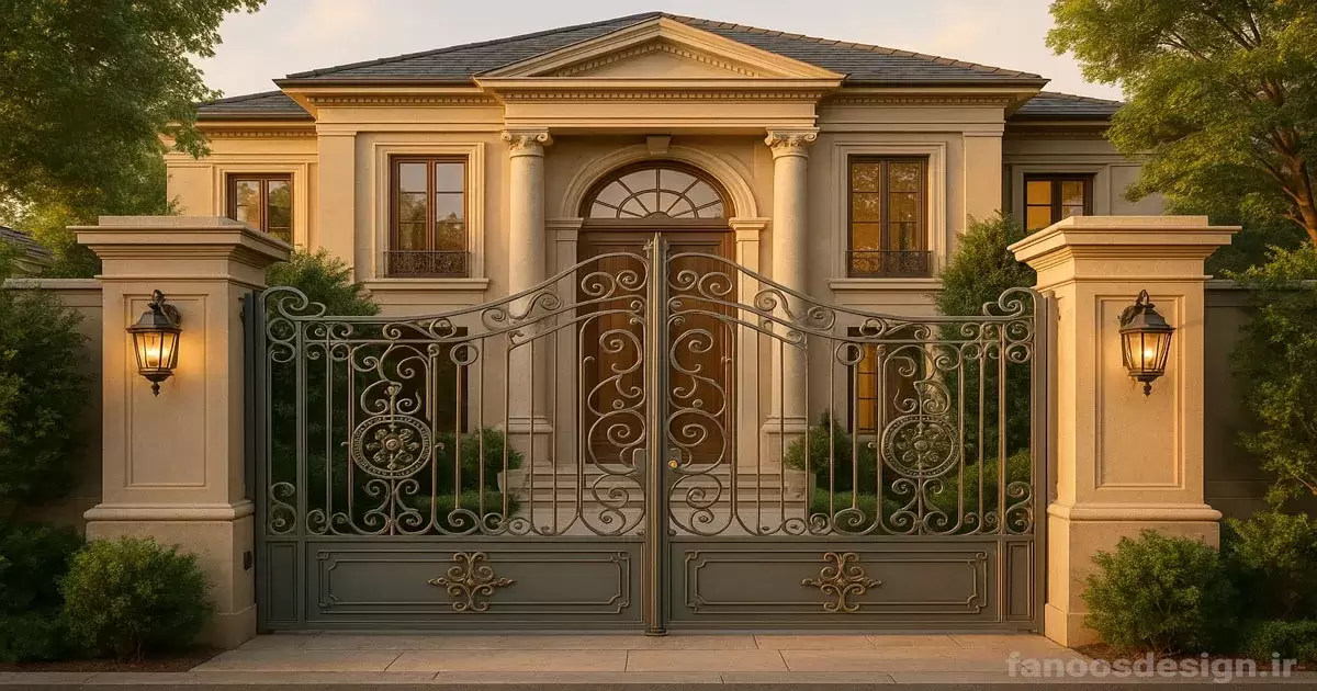 هماهنگی درب حیاط فلزی کلاسیک با نمای ساختمان