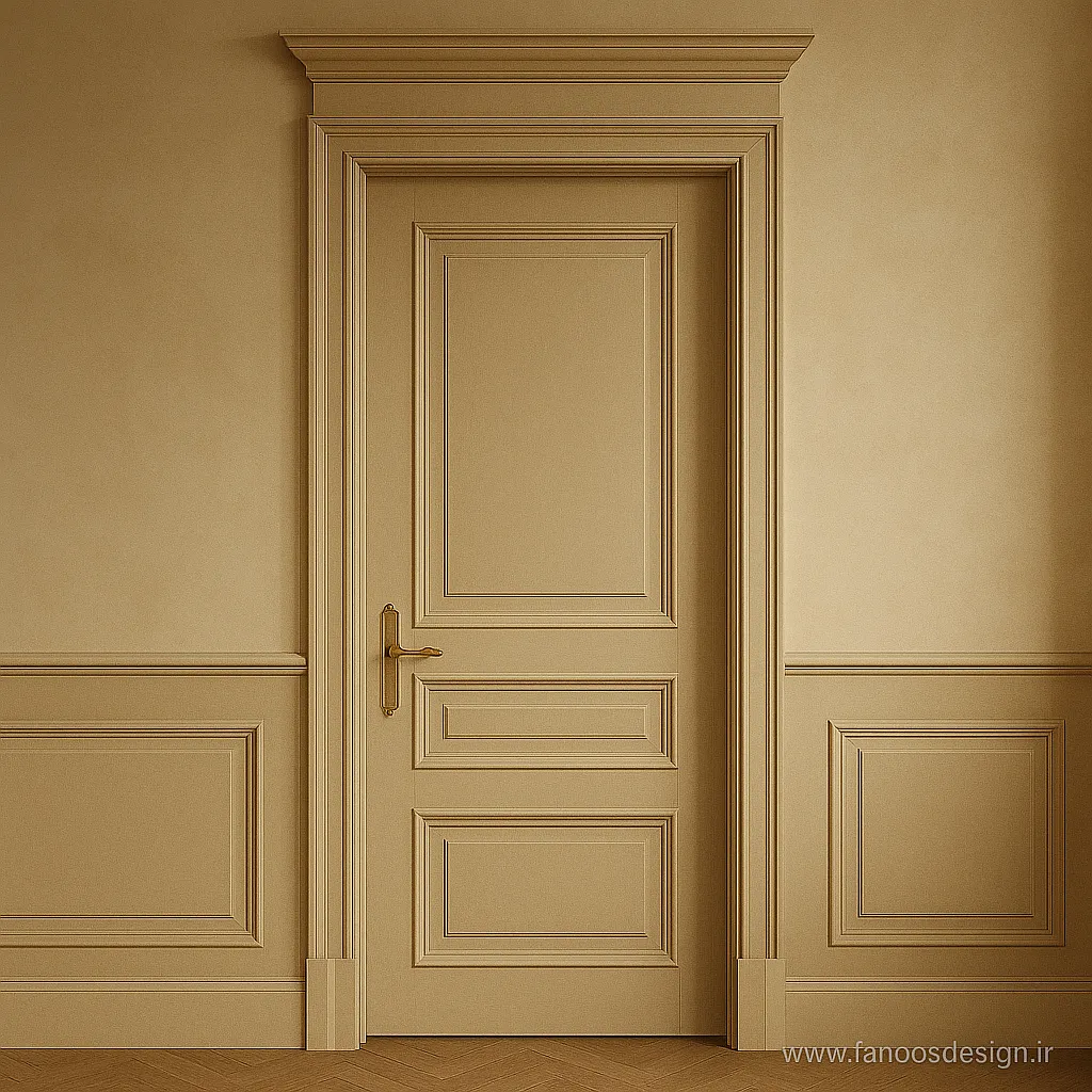 درب سرویس کلاسیک بژ با قاب سنتی و دستگیره طلایی