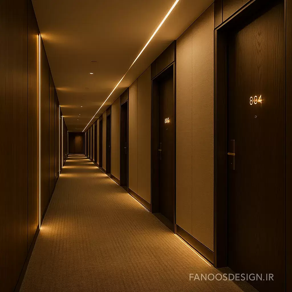 نورپردازی راهرو هتل؛ اصول طراحی نور برای فضاهای ارتباطی حرفه‌ای و لوکس