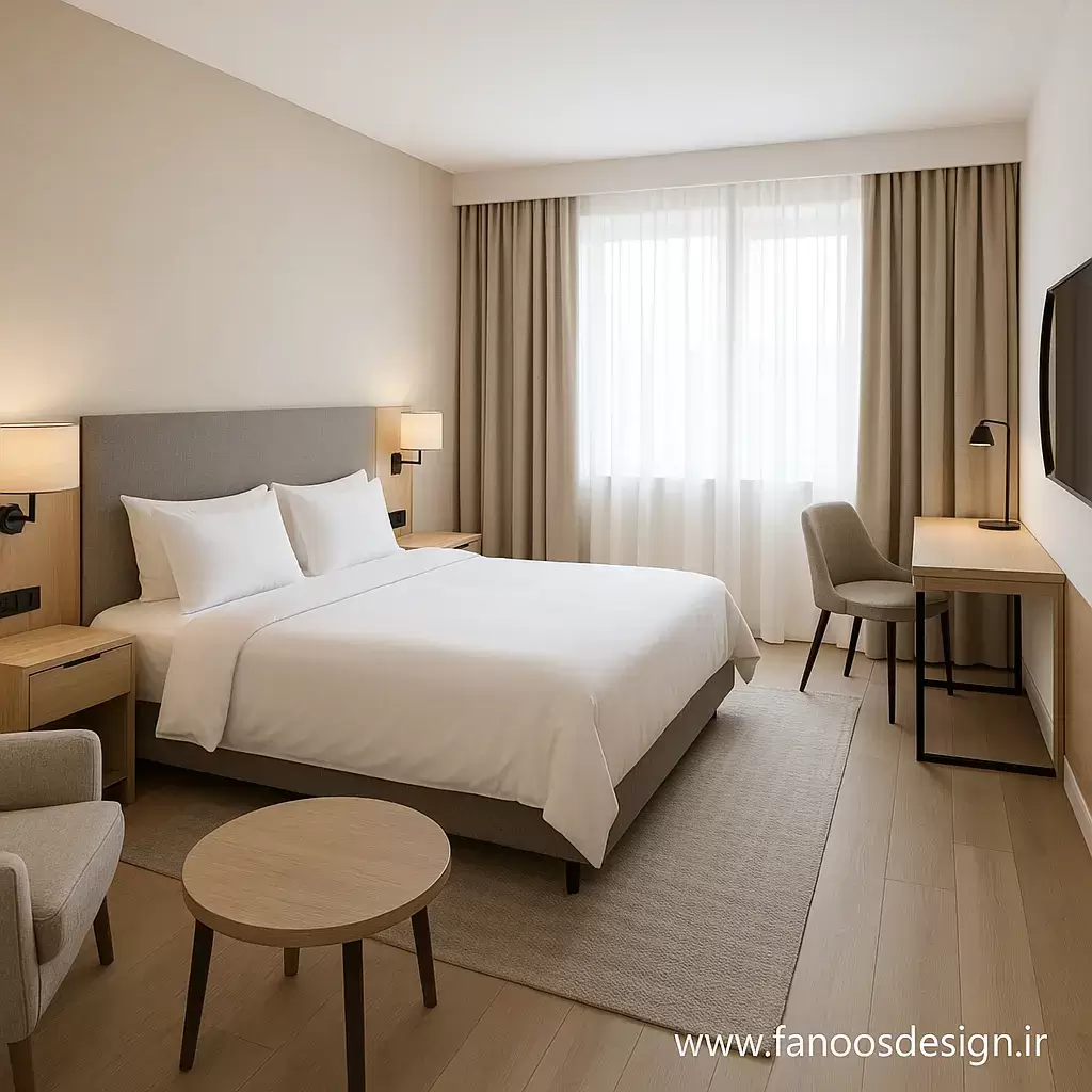 طراحی اتاق هتل؛ راهنمای جامع چیدمان، رنگ‌بندی، نورپردازی و استانداردهای جهانی