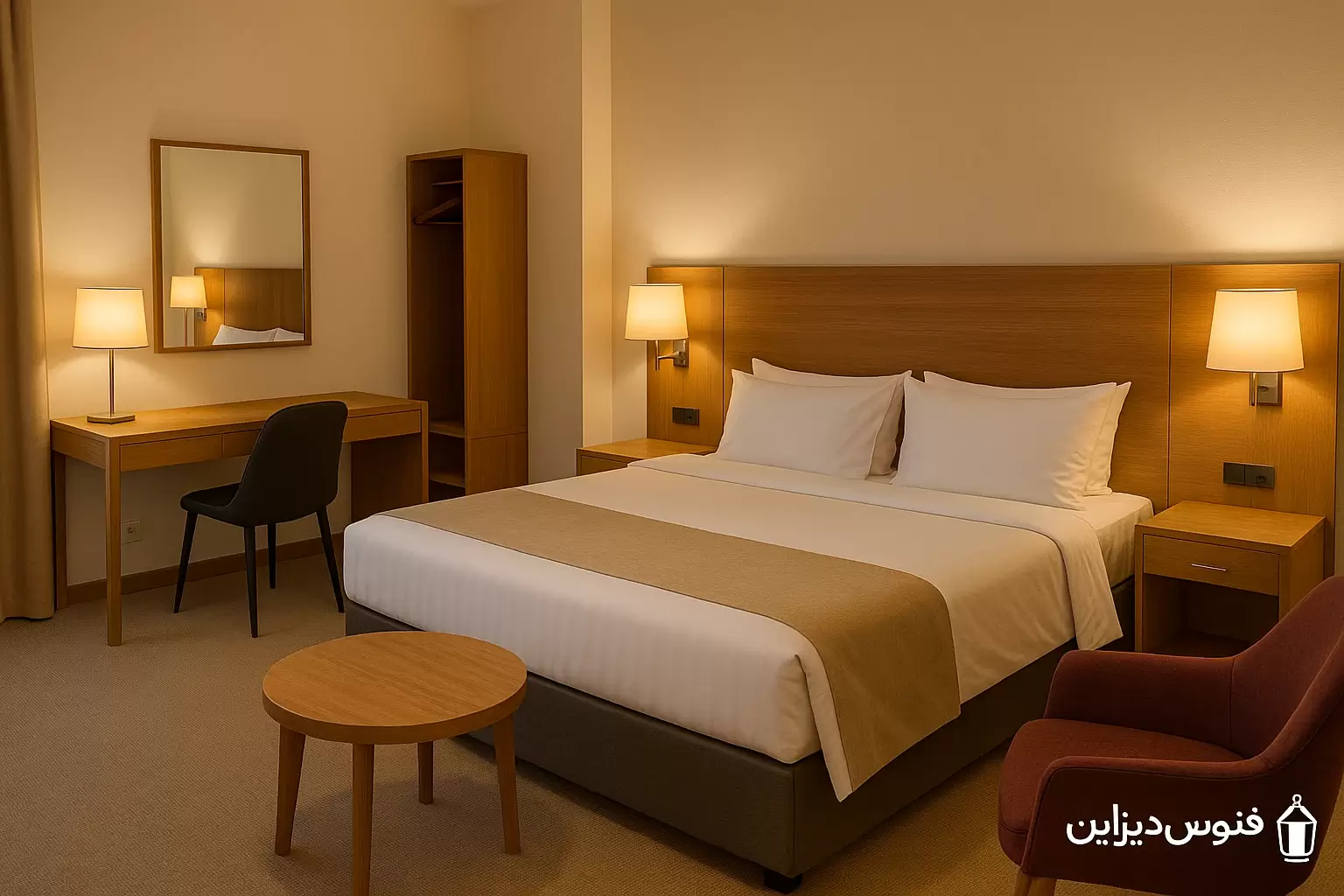 مبلمان و چیدمان اتاق هتل؛ استانداردهای حرفهای برای ایجاد فضایی زیبا، کاربردی و راحت 1 مبلمان و چیدمان اتاق هتل؛ استانداردهای حرفهای برای ایجاد فضایی زیبا، کاربردی و راحت