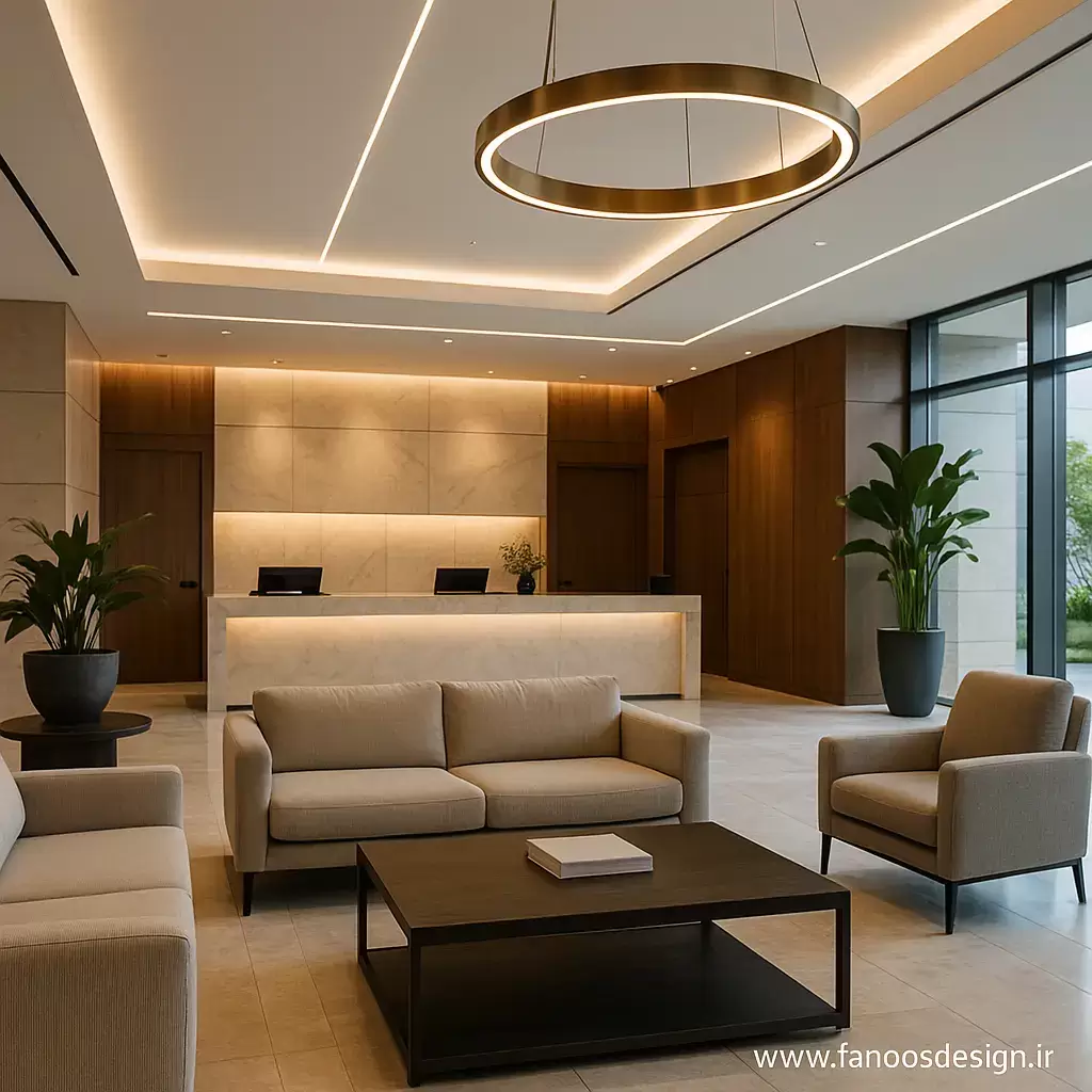 طراحی لابی هتل مدرن؛ راهنمای کامل چیدمان، نورپردازی و انتخاب متریال