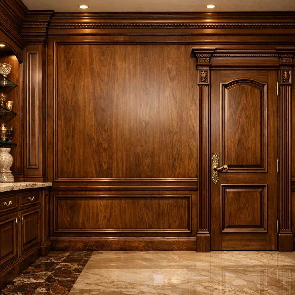 دکوراسیون کلاسیک با روکش گردو و کابینت‌های چوبی لوکس