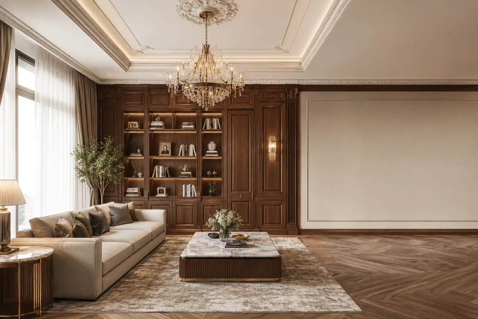 دکوراسیون کلاسیک با روکش گردو و کابینت‌های چوبی لوکس