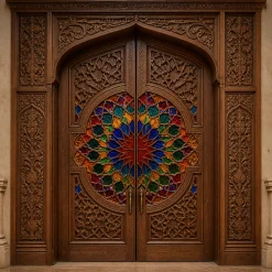 درب چوبی هلالی لوکس مدل 05 با طراحی خاص و قاب‌بندی کلاسیک