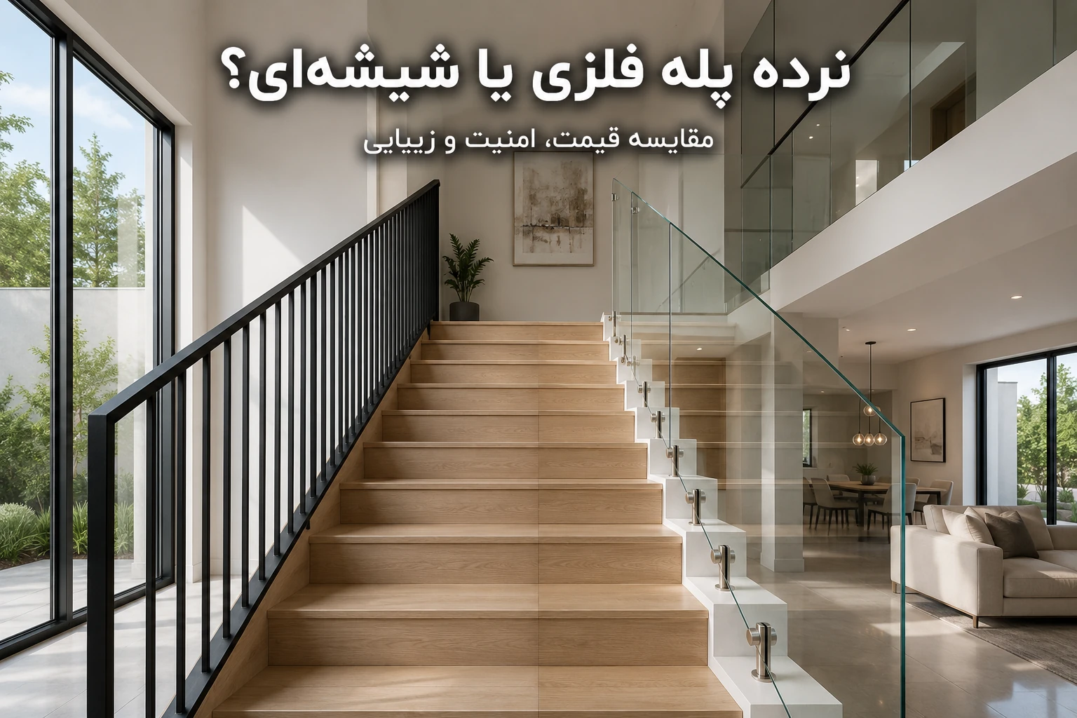 نرده پله فلزی بهتر است یا شیشه‌ای؟ مقایسه کامل از نظر قیمت، امنیت و زیبایی