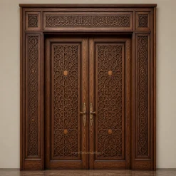 درب مسجدی چوبی دولنگه گره‌چینی هندسی سنگین تمام‌چوب کد ۰۴