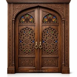 درب مسجدی چوبی دولنگه لوکس مدل گره‌چینی اصیل کد ۰۱