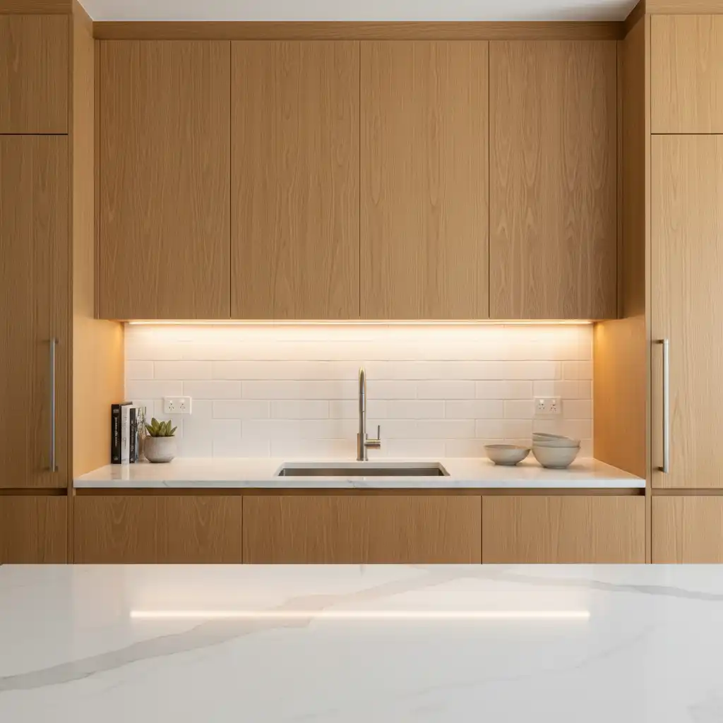راهنمای ست کردن کابینت بلوط؛ بهترین ترکیب صفحه و بین‌کابینتی