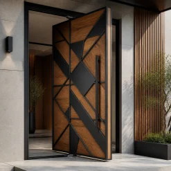 درب ورودی پیوت چوب طبیعی با صفحات فلزی CNC طرح هندسی