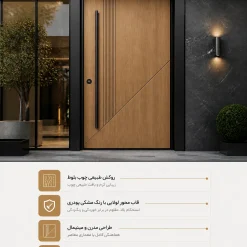 درب ورودی پیوت چوب با فریم فلزی مشکی مات – استایل صنعتی مدرن