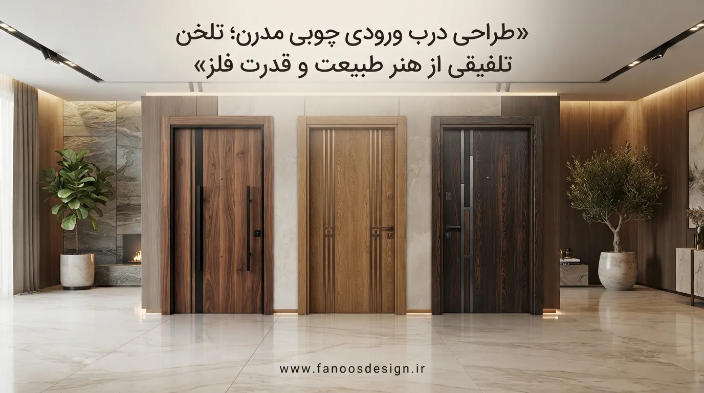 طراحی درب ورودی چوبی مدرن؛ تلفیقی از هنر طبیعت و قدرت فلز 3 طراحی درب ورودی چوبی مدرن؛ تلفیقی از هنر طبیعت و قدرت فلز